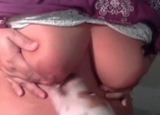 Awesome doggy is licking big round tits
